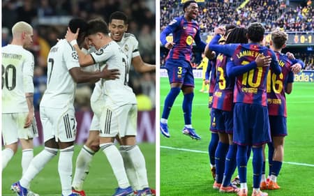 Jogadores do Real Madrid e Barcelona comemorando gol