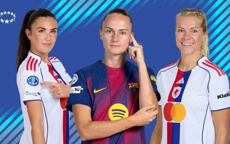 Jogadoras do Lyon e jogadora do Barcelona ao centro