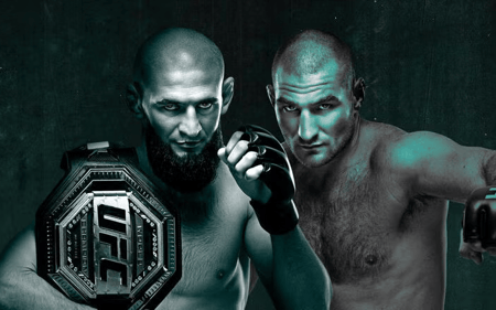 Card oficial do UFC 328, com Khamzat Chimaev e Sean Strickland (Foto: Divulgação/UFC)
