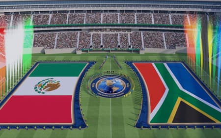 Gramado de um estádio da Copa do Mundo com bandeiras gigantes e luzes durante pré-jogo