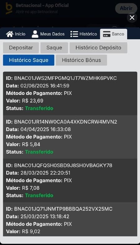 Histórico de saques na Betnacional com valores variados.