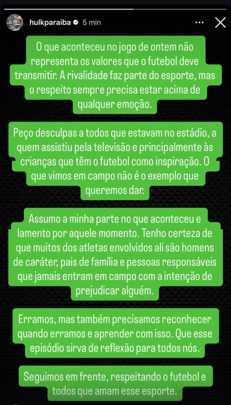Pronunciamento Hulk (reprodução Instagram)