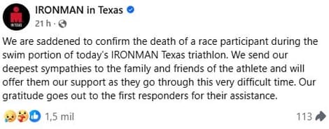 Postagem do Ironman Texas sobre o falecimento da brasileira Mara Flávia (Foto: Captura de Tela/Facebook)