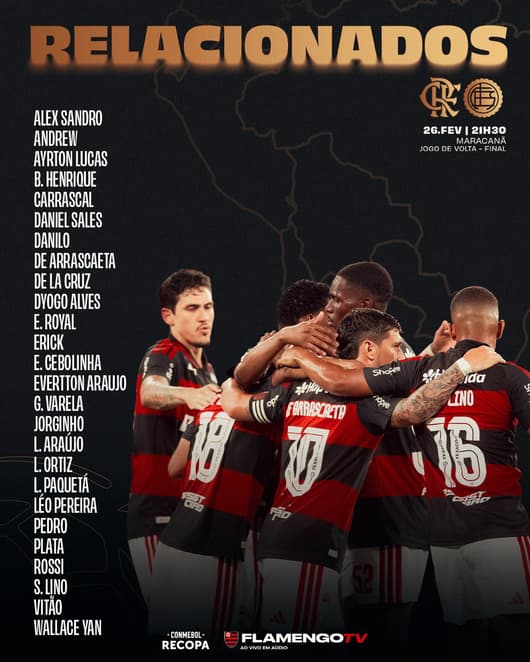 Jogadores do Flamengo relacinados para enfrentar o Lanús, na Recopa (Foto: Reprodução/Flamengo)