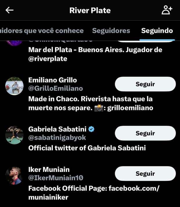 Iker Muniain aparece entre as contas seguidas pelo perfil oficial do River Plate no X (Foto: Reprodução/X)