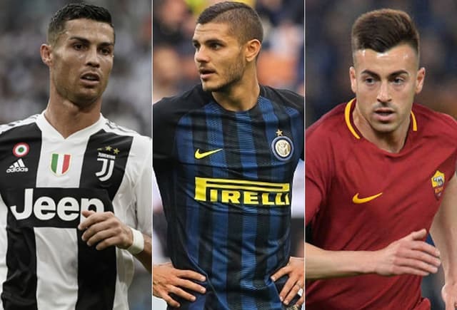 Montagem com Cristiano Ronaldo (Juventus), Icardi (Internazionale) e El Shaarawy (Roma)