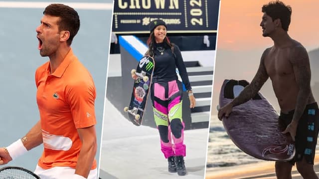 Rayssa Leal (skate), Djokovic (tênis) e Gabriel Medina (surfe