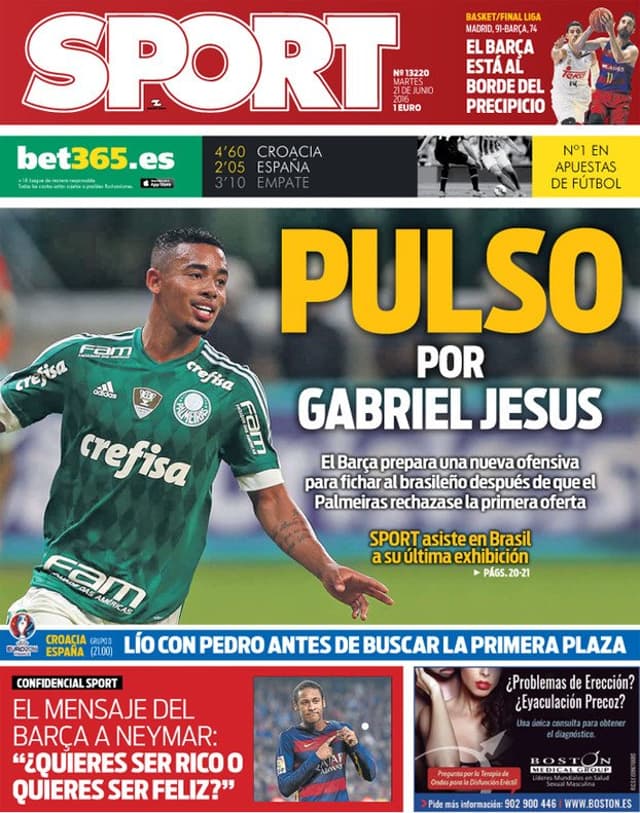 Gabriel Jesus na capa do Sport desta terça