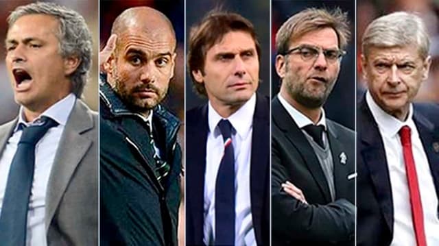 Quinteto é atração no Inglês: Mourinho, Guardiola, Antonio Conte, Jürgen Klop e Arsène Wenger (da esquerda para a direita)&nbsp;