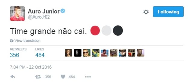 Mensagem postada por Auro após a vitória do Tricolor (FOTO: Reprodução/Twitter)