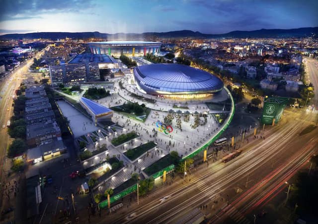 Projeção do Parque Olímpico que Budapeste pretende construir para os Jogos de 2024 (Reprodução)