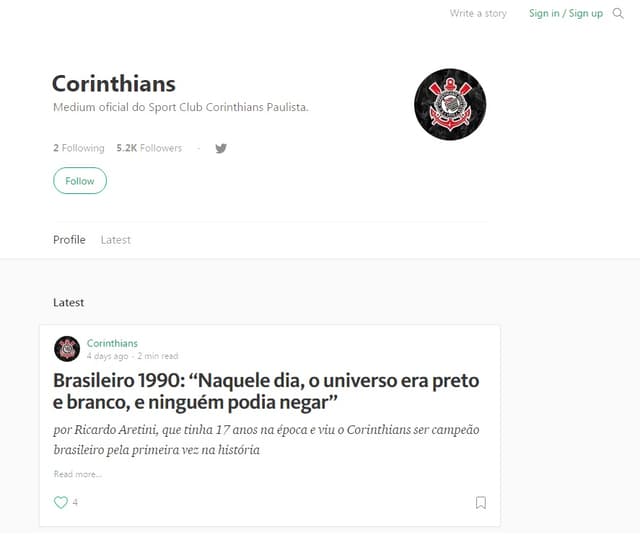 Página do Corinthians na plataforma Medium