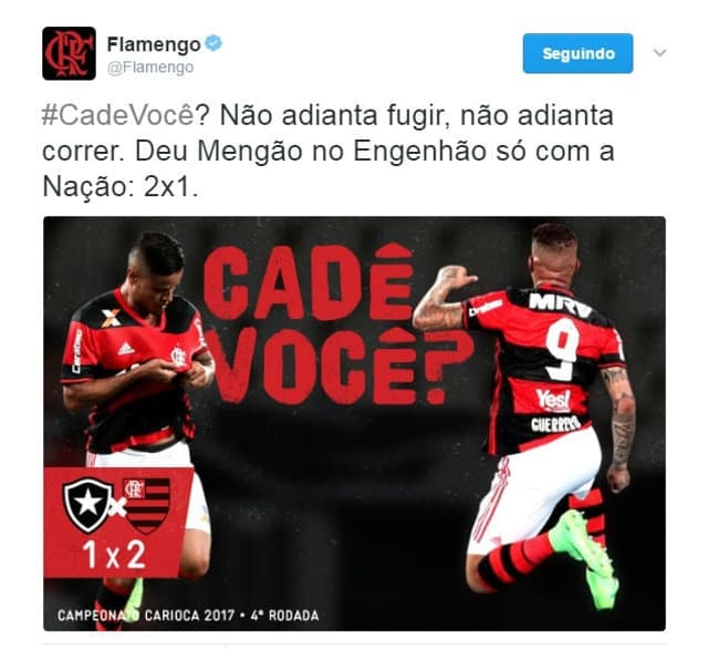 Após o apito final decretar sua vitória por 2 a 1, o Flamengo soltou no Twitter: 'Não adianta fugir, não adianta correr'&nbsp;