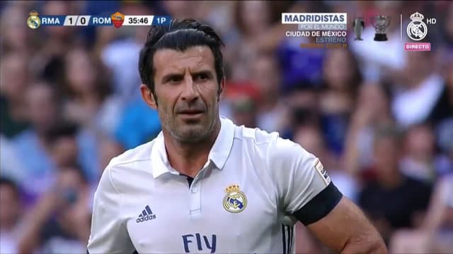 Figo marca golaço de falta em jogo festivo do Real contra a Roma