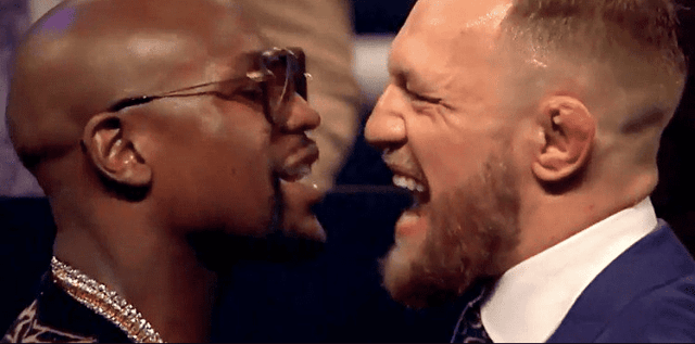 Floyd Mayweather encara Conor McGregor em Londres (ING) antes de superluta