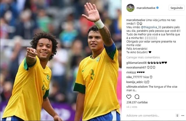 O lateral-esquerdo Marcelo usou o Instagram pra homenagear o amigo Thiago Silva<br>