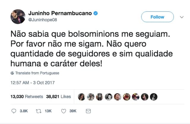 Juninho Pernambucano se envolve em polêmica com seguidores de Bolsonaro