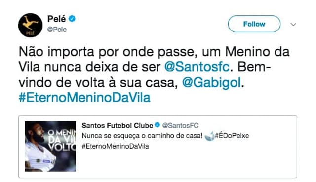 Pelé deseja boa sorte a Gabigol em sua volta ao Santos