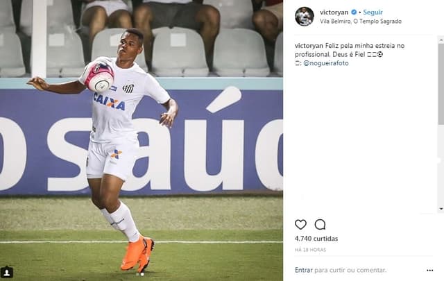 Em seu Instagram, Victor Yan vibra com a estreia no time profissional do Santos&nbsp;