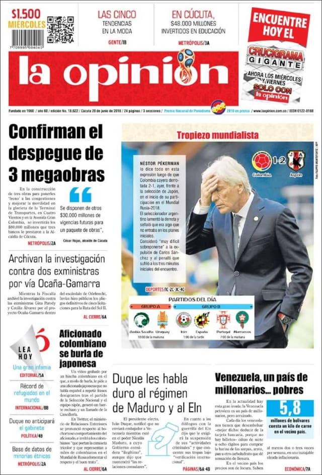 Na capa do jornal colombiano La Opinion, ficou estampada a decepção com a derrota dos Cafeteros na estreia do Mundial. Com a manchete 'tropeço no Mundial', o jornal mostra o técnico Pekermen desiludido após ficar com um homem a menos logo aos 3 minutos de jogo.