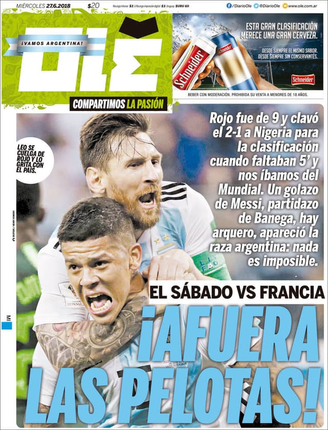 Na Argentina, loucura total após a classificação heroica. A capa do jornal Olé traz a foto do heroi improvável Marcos Rojo com a manchete: "Culhões!"