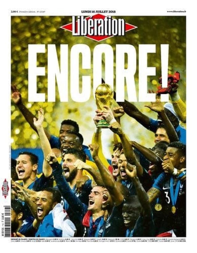 Festa total na França! Na capa do jornal Libération, a manchete 'De novo' destaca o bicampeonato francês.&nbsp;