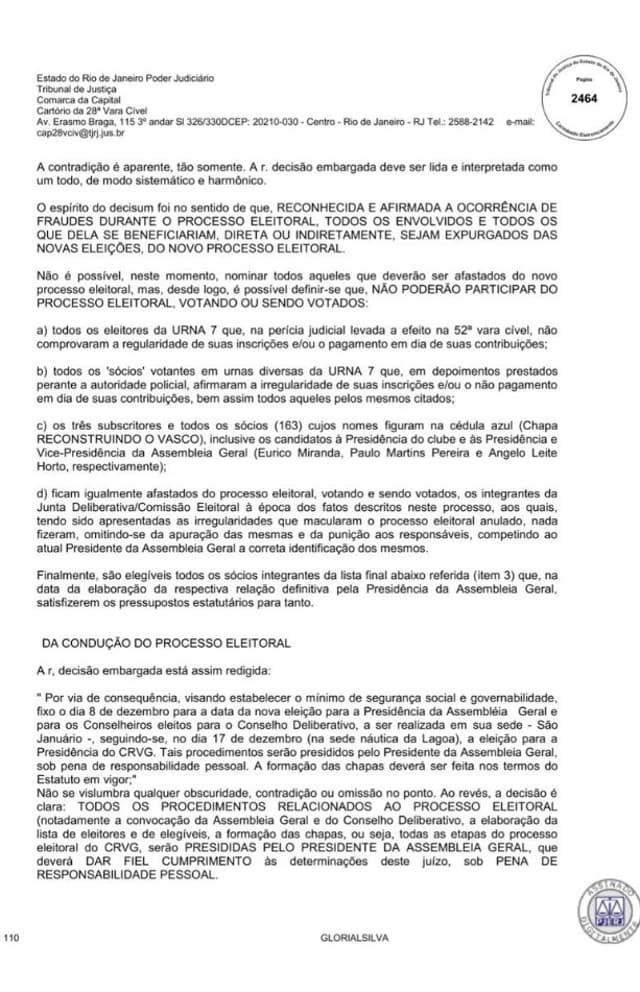 URGENTE! Juíza Glória Heloiza Lima da Silva, da 28a Vara Cível do Tribunal de Justiça do Rio de Janeiro, acaba de dar sentença sobre a eleição do Vasco. Esclareceu embargos de declaração, ratificando liminar anterior: tirando todos da cédula azul e mais.