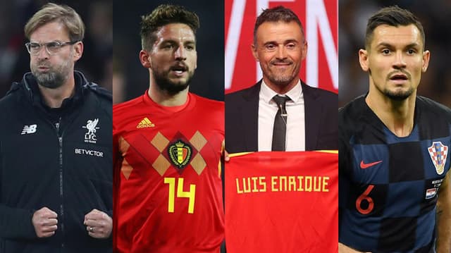 Montagem • Jurgen Klopp (Liverpool) • Dries Mertens (camisa da Bélgica) • Luis Enrique (Espanha) • Lovren (camisa da Croácia)