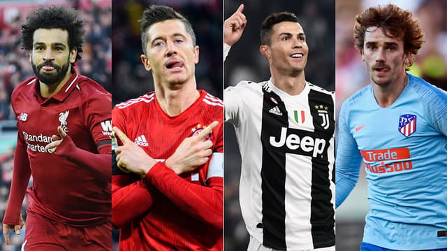 Montagem Salah (Liverpool), Lewandowski (Bayern de Munique), Cristiano Ronaldo (Juventus) e Griezmann (Atlético de Madrid)