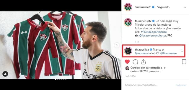 Thiago Silva comenta foto de Messi com a camisa do Fluminense