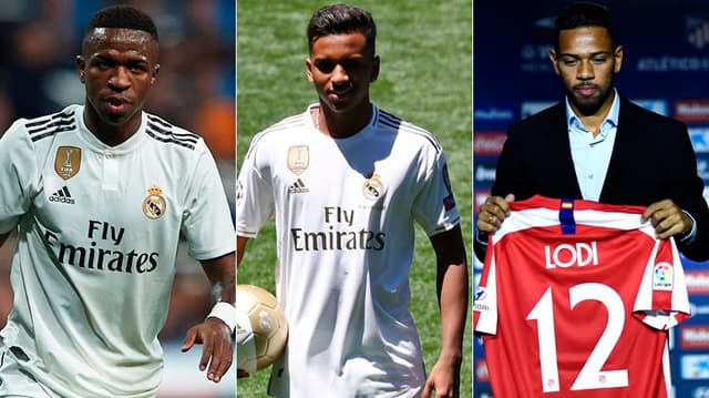 Montagem - Vinicius Júnior (Real Madrid), Rodrygo (Real Madrid) e Rean Lodi (Atlético de Madrid).