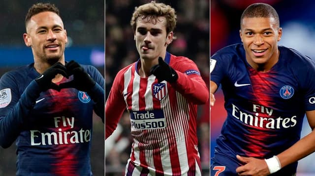 Montagem - Neymar, Griezmann e Mbappe