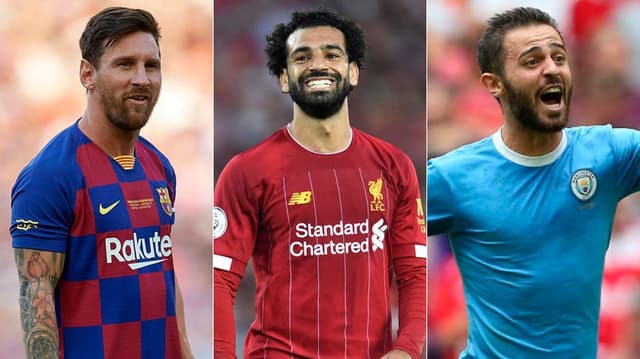 Montagem - Messi, Salah e Bernardo Silva