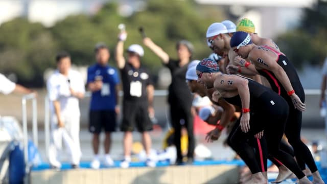 Largada do evento-teste da maratona aquática em Tóquio, realizado em agosto. Atletas sofreram com o forte calor (Crédito: Tóquio 2020)