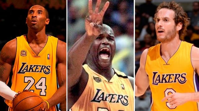 montagem  Kobe Bryant, Shaquille O´Neal e Marcelinho Huertas