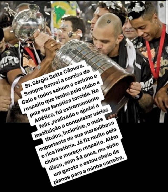 Tardelli fez uma postagem no Instagram rebatendo a fala de Sette Câmara sobre sua idade e vinda para o clube