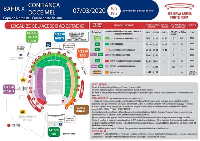 Valores dos ingressos do Bahia para jogos diante de Confiança e Doce Mel