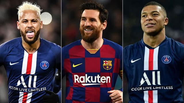 Montagem - Neymar, Messi e Mbappé