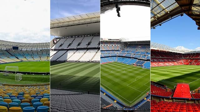 Montagem - Maracanã, Arena Corinthians, Santiago Bernabeu, Old Trafford