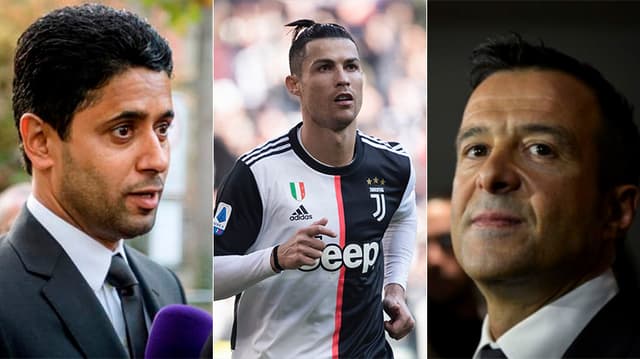 Montagem - Nasser Al-Khelaifi, Cristiano Ronaldo e Jorge Mendes