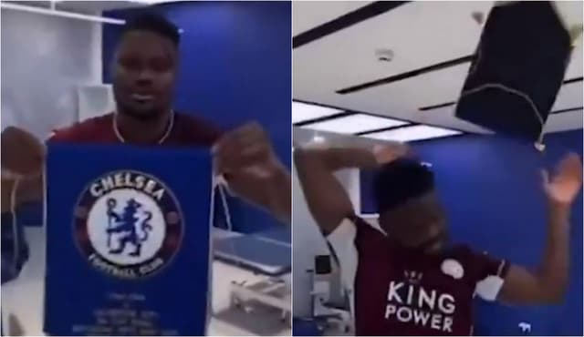 Amartey, do Leicester, jogando flâmula do Chelsea no chão