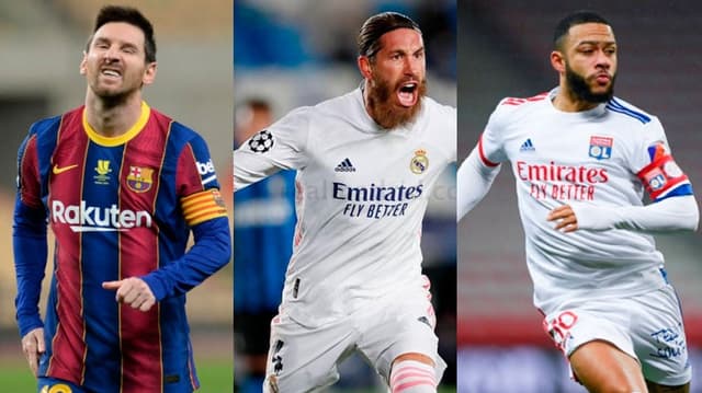 Lionel Messi do Barcelona, Sergio Ramos, do Real Madrid, e Depay, do Lyon