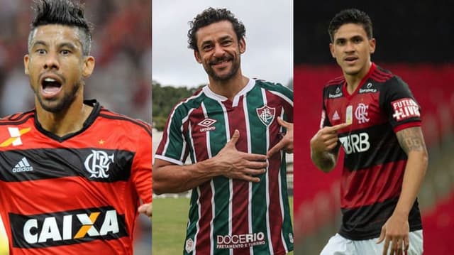 Léo Moura, o atacante do Fluminense Fred e o atacante do Flamengo Pedro