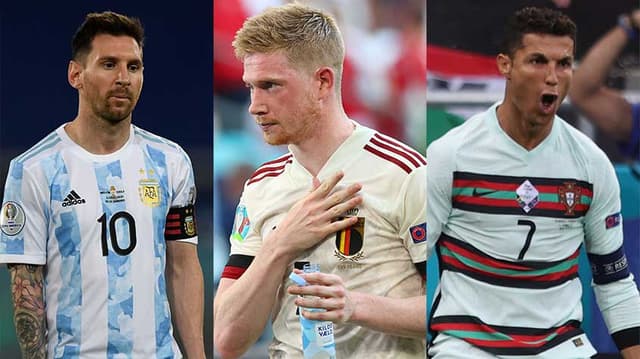 Montagem - Messi, de Bruyne e Cristiano Ronaldo