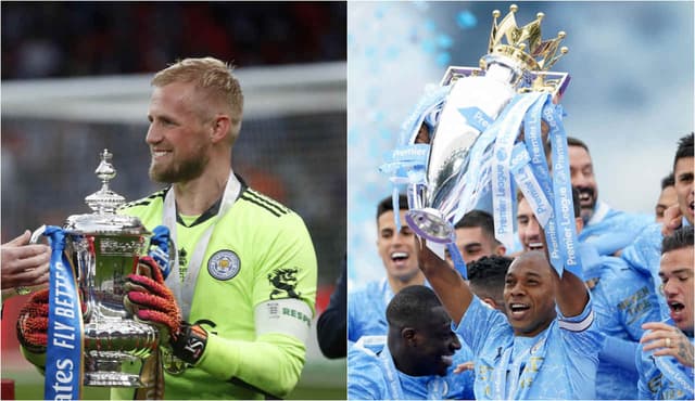 Montagem - Kasper Schmeichel (Leicester) e Fernandinho (Manchester City)