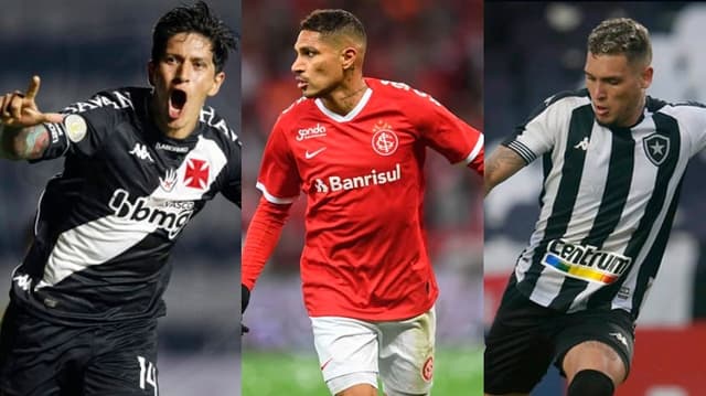 Germán Cano, do Vasco, Paolo Guerrero, do internacional, e Rafael Navarro, do Botafogo