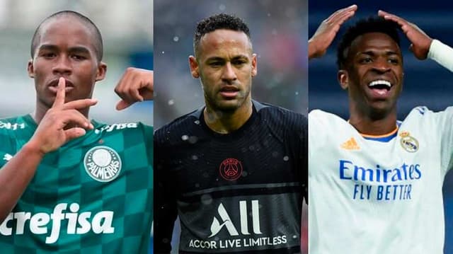 Endrick (Palmeiras) na Copinha, Neymar (no PSG) e Vinicius Jr (no Real Madrid).