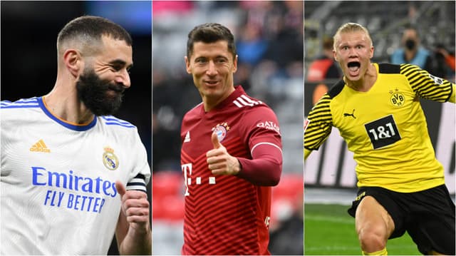 Montagem - Benzema (Real Madrid), Lewandowski (Bayern de Munique) e Haaland (Borussia Dortmund)