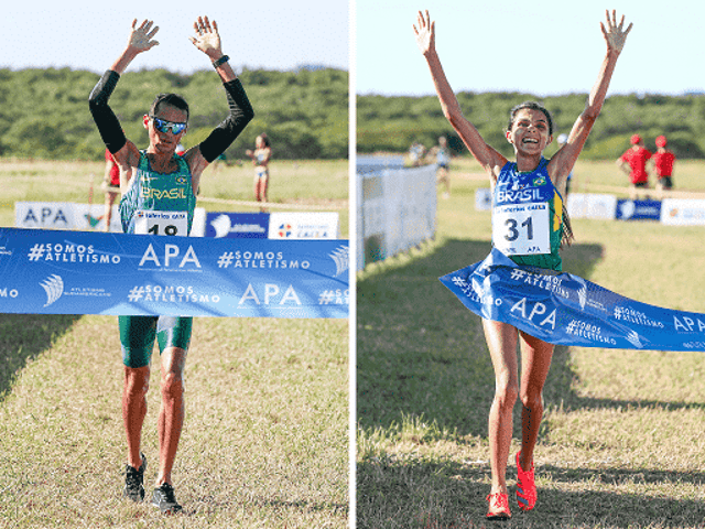 Wendell e Maria Lucineida comemoram sua vitórias nos 10km do Pan e Sul-Americano de Cross Country. (Divulgação)