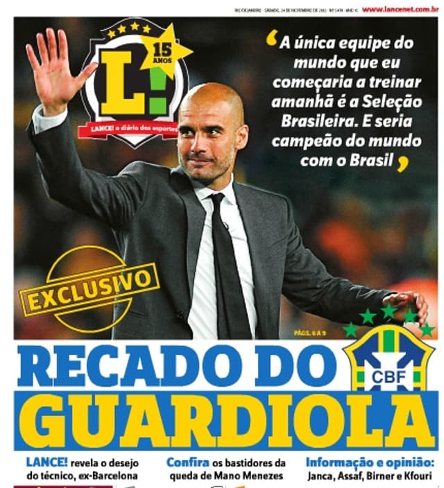 Capa LANCE! - 24/11/2012 - Guardiola na Seleção Brasileira